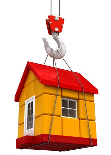 Illustration of crane hook raising miniature house